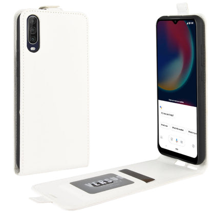 White leather flip phone case with card slot and photo window