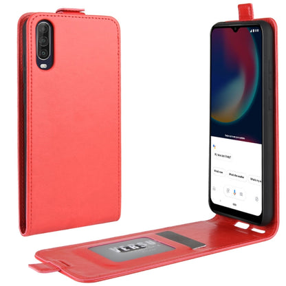 Red leather flip phone case with card slots and photo window, open view