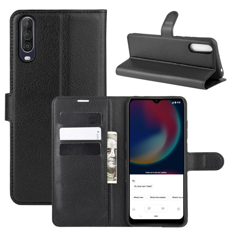 Black litchi-texture flip protective phone case with card slots and stand