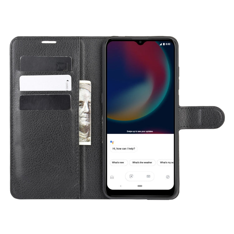 Black flip wallet case holding a smartphone with card pocket and cover flap