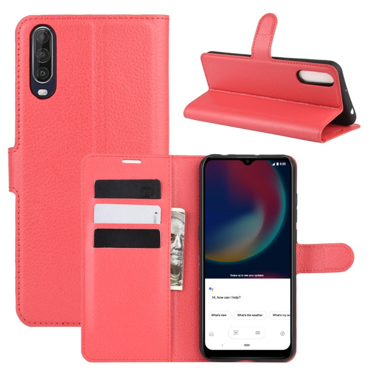 Red litchi texture flip phone case with card slots and stand for Wiko View 4