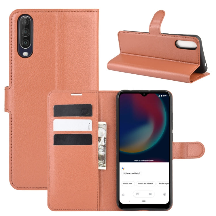 Tan litchi texture flip phone case with card slots and stand for Wiko View 4