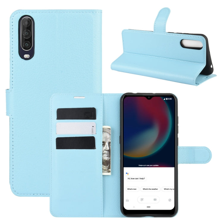 Light blue litchi texture flip phone case with card slots and stand for Wiko View 4