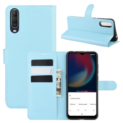 Light blue litchi texture flip phone case with card slots and stand for Wiko View 4