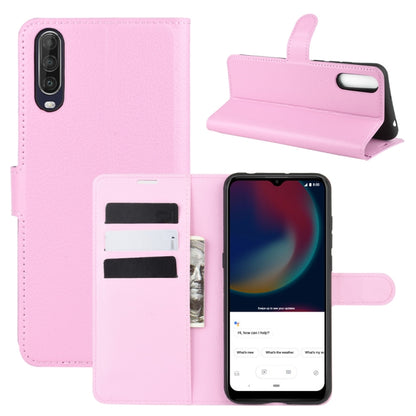 Pink litchi texture flip phone case with card slots and stand for Wiko View 4