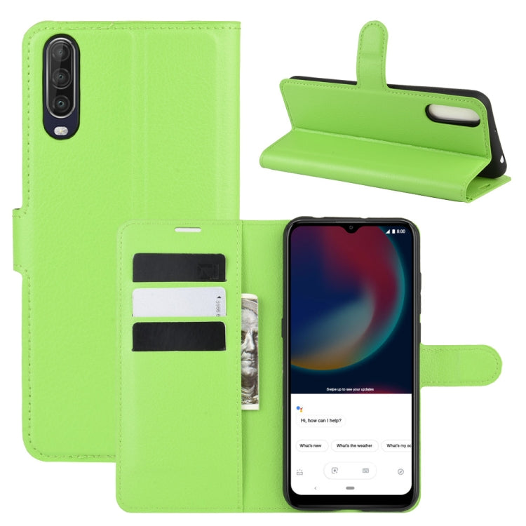 Green litchi texture flip phone case with card slots and stand for Wiko View 4