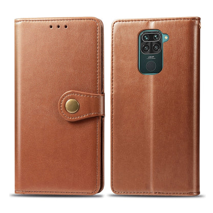 Brown leather-look phone wallet case with snap buckle closure for phone protection