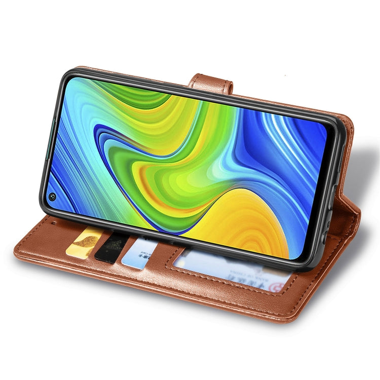 Brown leather-look phone wallet case with stand cover and card slots, snap buckle