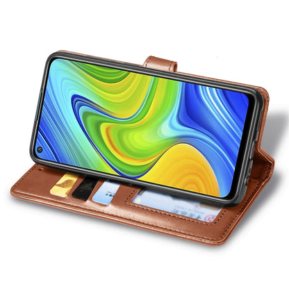 Brown leather-look phone wallet case with stand cover and card slots, snap buckle