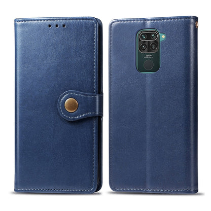 Blue leather-look phone wallet case with round snap buckle closure