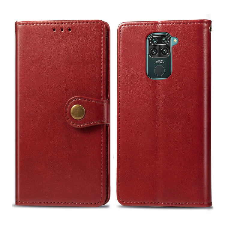 Red leather-look phone wallet case with round snap buckle closure