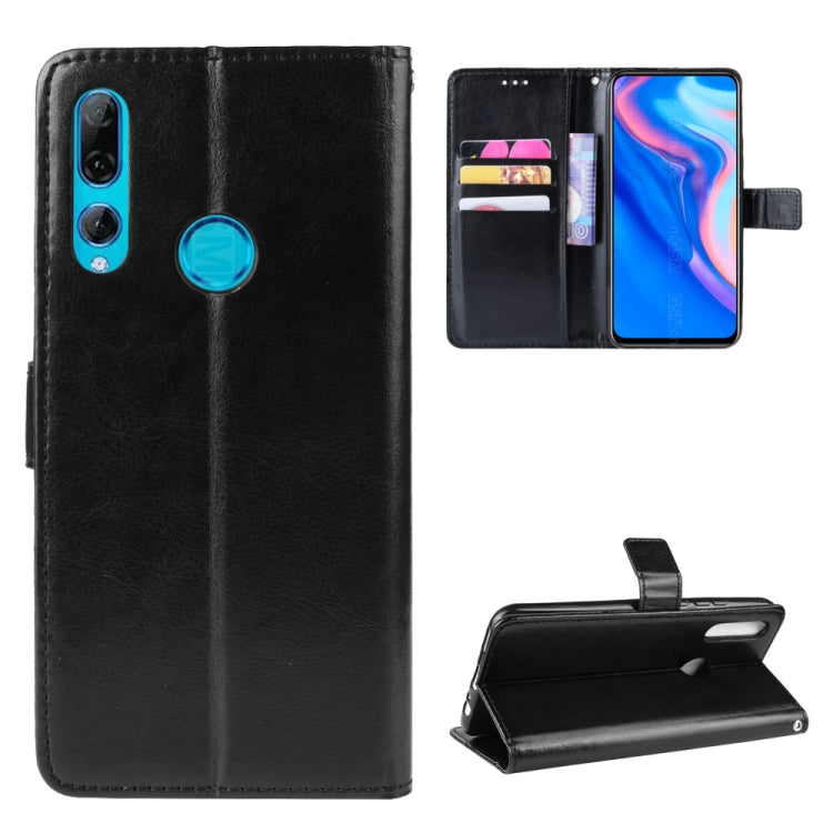Black leather flip phone wallet case with camera cutouts, card slots, and fold stand for Huawei Y9 Prime (2019)