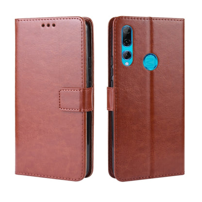 Brown flip leather phone case with card holder, camera cutouts, and circular photo window