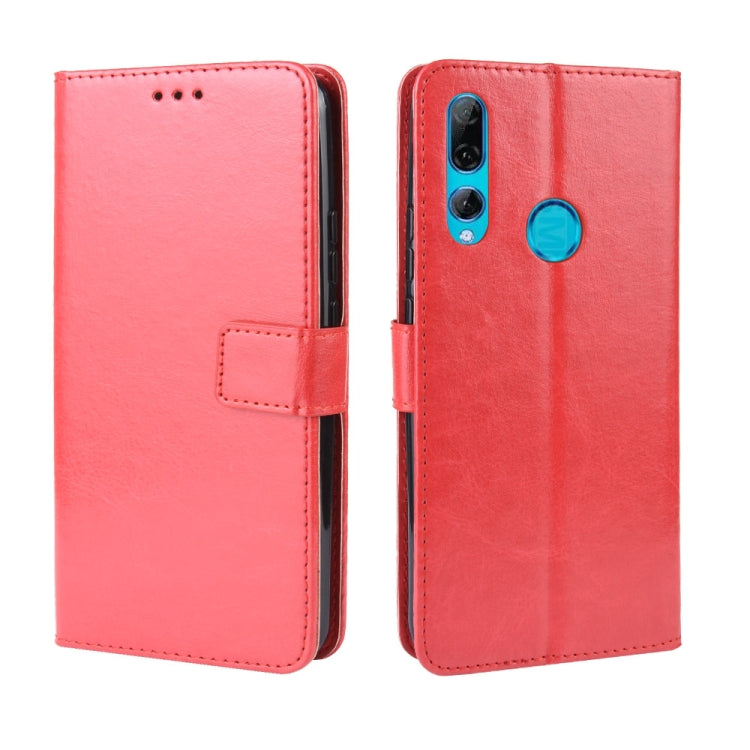 Red flip leather phone case with card holder, camera cutouts, and circular photo window