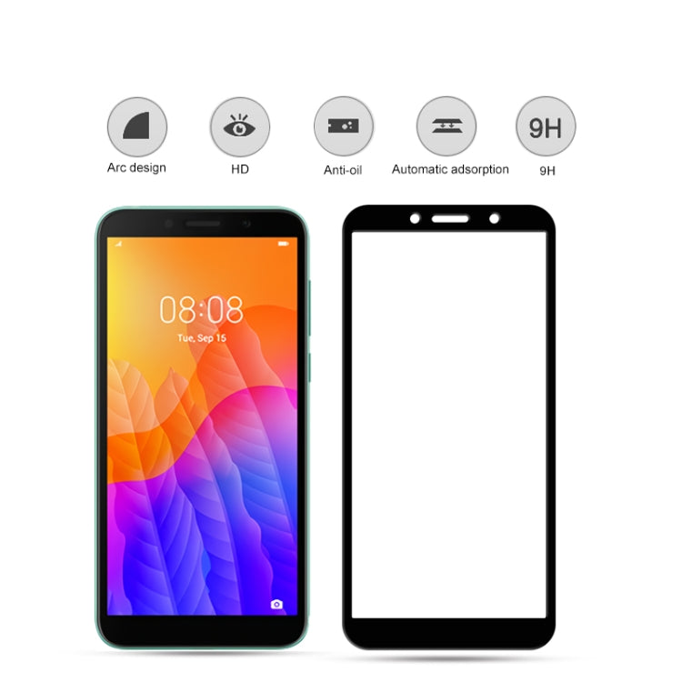 Full-cover tempered glass protector with 9H marking and anti-glare icons for Huawei Y5p