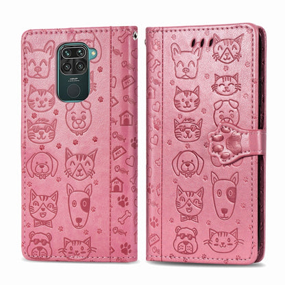 Pink embossed cat-and-dog flip wallet case with magnetic clasp and camera cutout