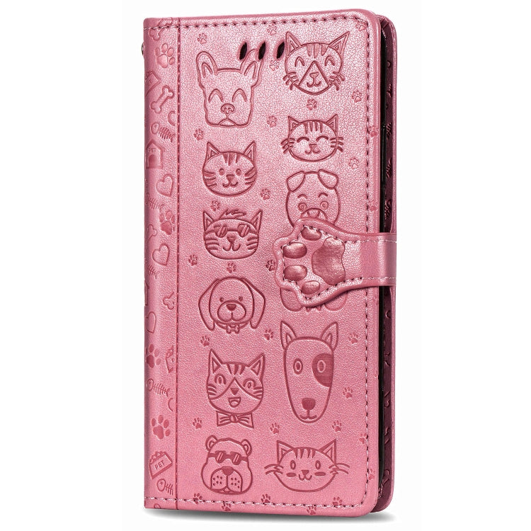Pink embossed cat-and-dog flip phone case with side buttons and wallet flap