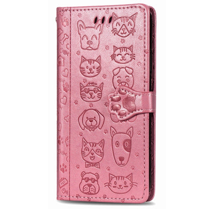 Pink embossed cat-and-dog flip phone case with side buttons and wallet flap