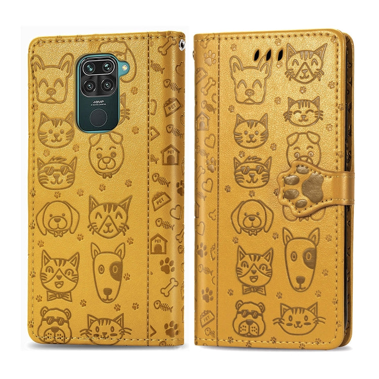 Gold embossed cat-and-dog flip wallet case with camera cutout and wallet flap