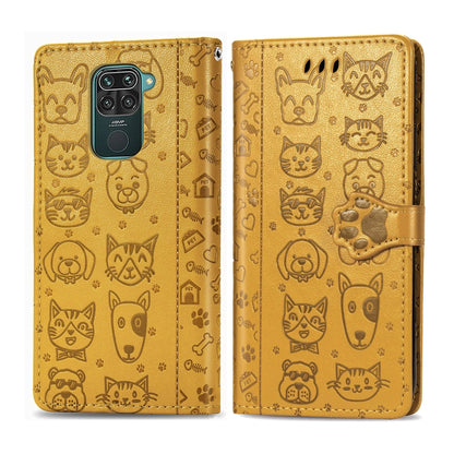 Gold embossed cat-and-dog flip wallet case with camera cutout and wallet flap