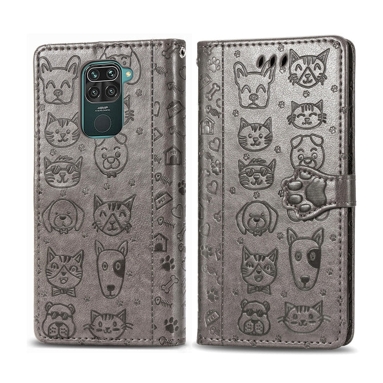 Grey embossed cat-and-dog flip wallet case with camera cutout and wallet flap