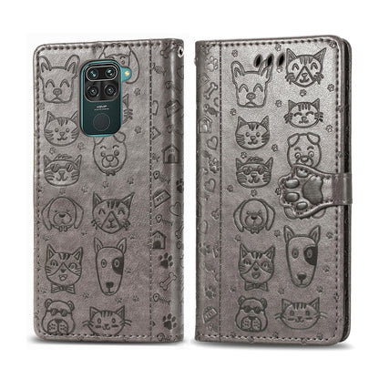 Grey embossed cat-and-dog flip wallet case with camera cutout and wallet flap