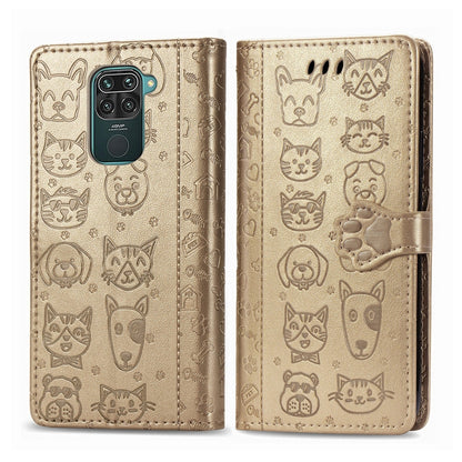 Beige-gold embossed cat-and-dog flip wallet case with camera cutout