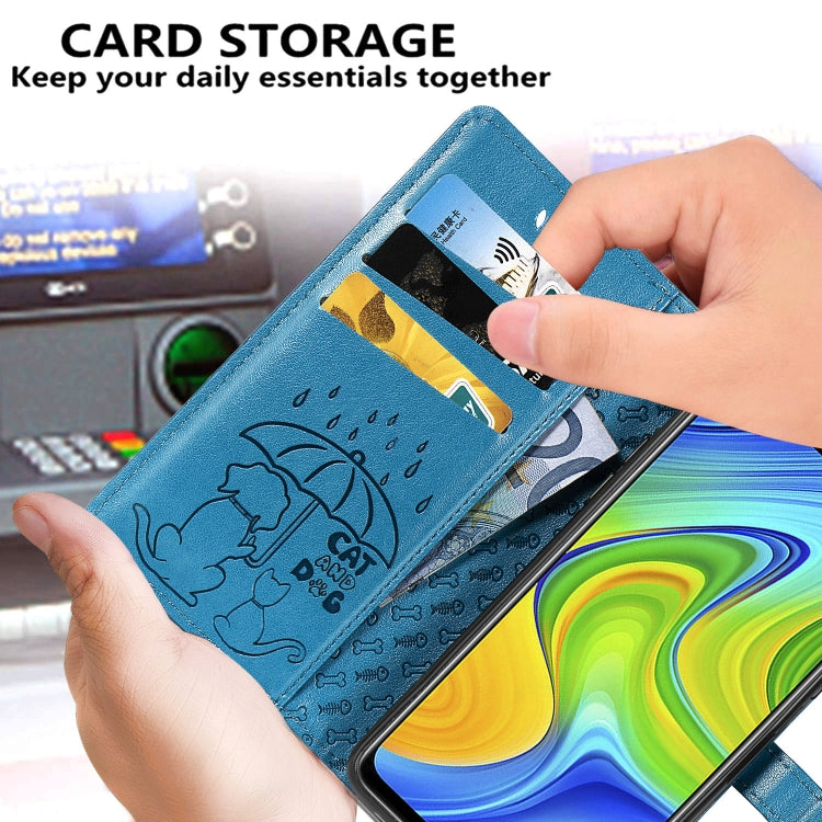 Blue embossed cat and dog flip wallet leather case with card holder window