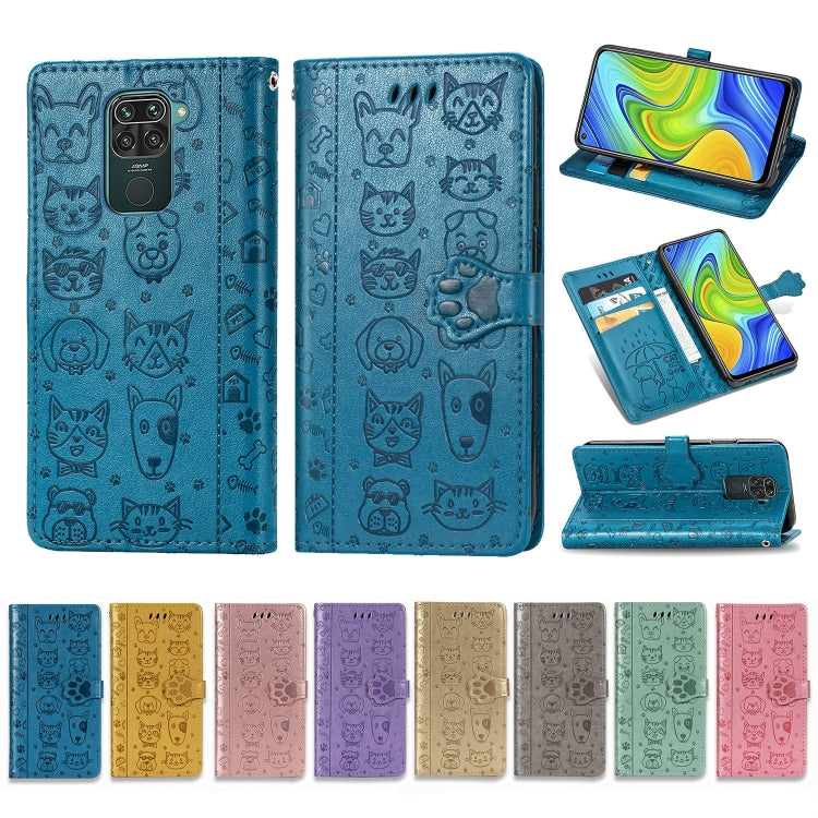 Blue embossed cat and dog flip wallet leather case with card slots, open and closed views