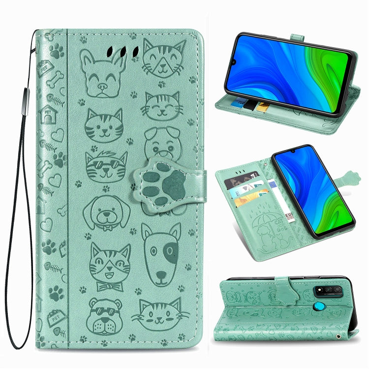 Mint green phone wallet case with embossed cat and dog pattern, magnetic clasp, lanyard