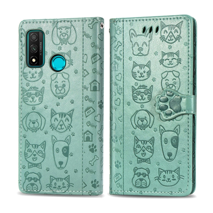 Mint green folio phone case with cat and dog pattern, side camera cutouts and button