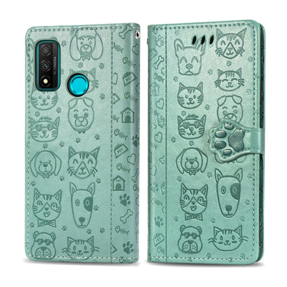 Mint green folio phone case with cat and dog pattern, side camera cutouts and button