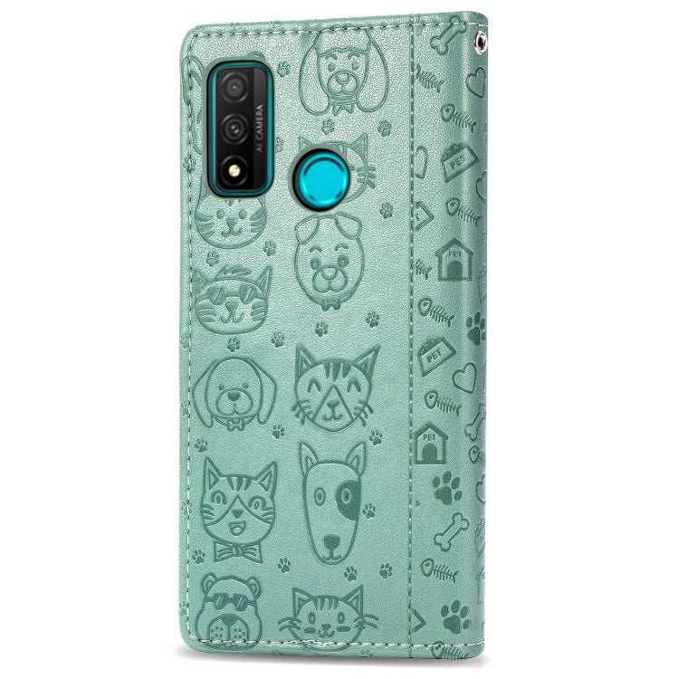 Mint green phone case back with embossed cat and dog pattern, camera opening and blue ring