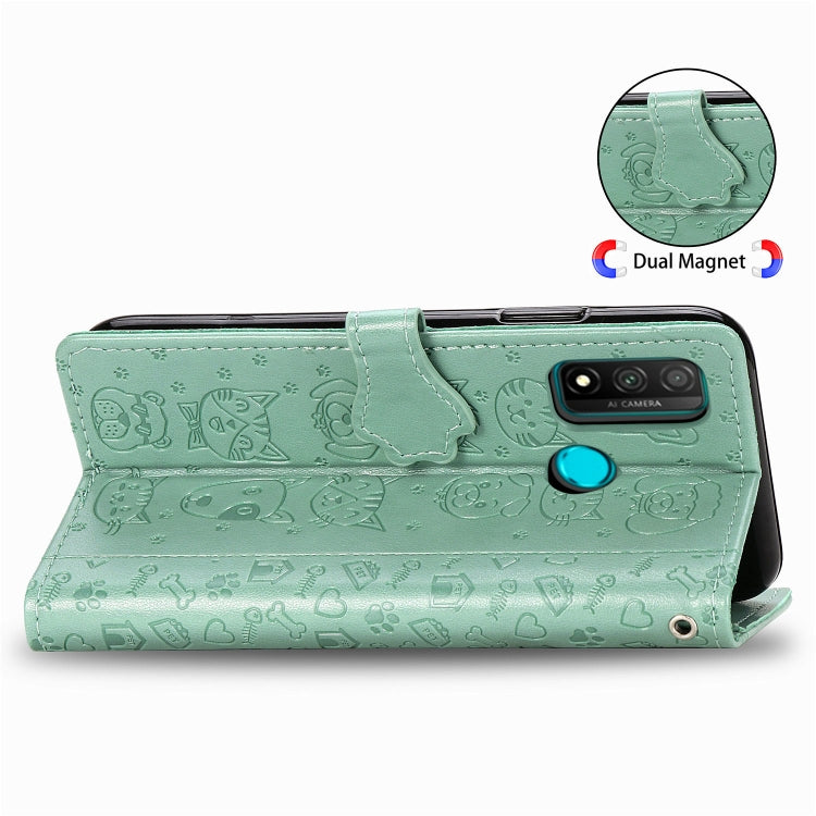 Mint green folio wallet phone case with cat and dog embossing, magnetic clasp, camera cutout