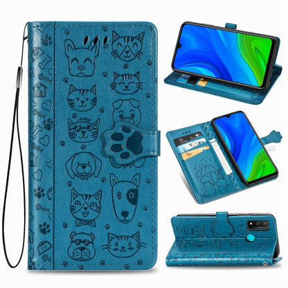 Blue embossed cat and dog flip leather phone wallet case with card slots and wrist strap