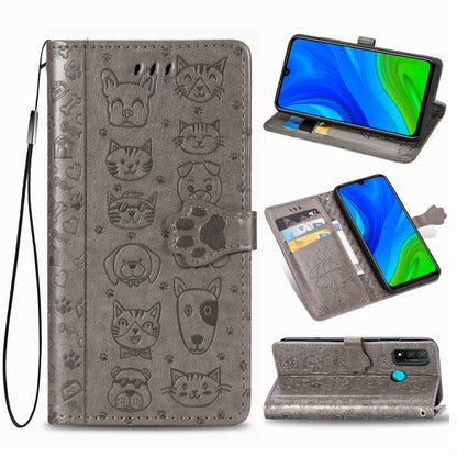 Grey embossed cat and dog flip leather phone wallet case with card slots and wrist strap