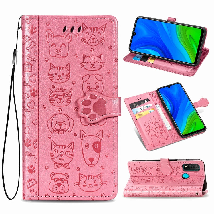 Pink embossed cat and dog flip leather phone wallet case with card slots and strap