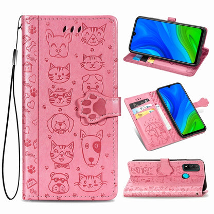 Pink embossed cat and dog flip leather phone wallet case with card slots and strap