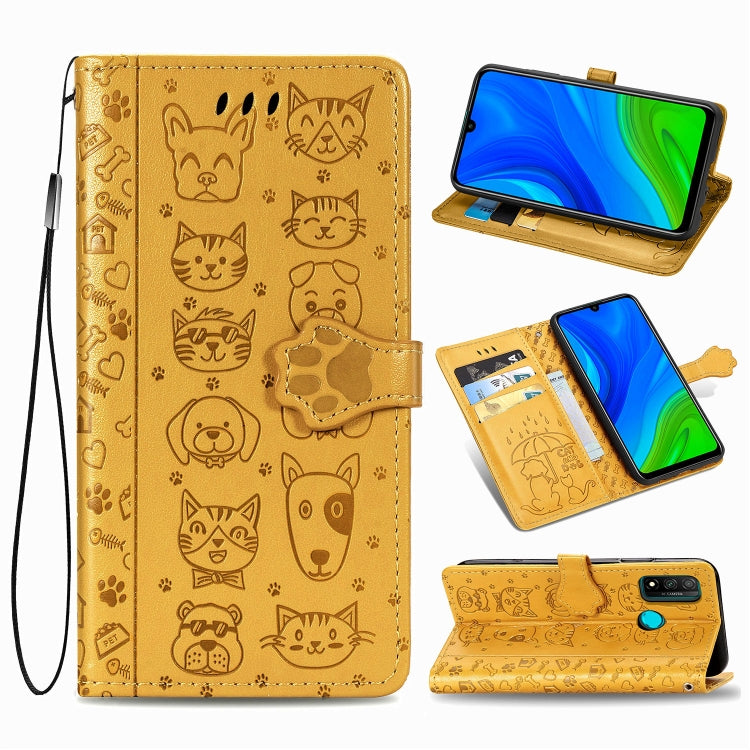 Gold cat and dog embossed wallet phone case with flip cover, card slots, and lanyard.