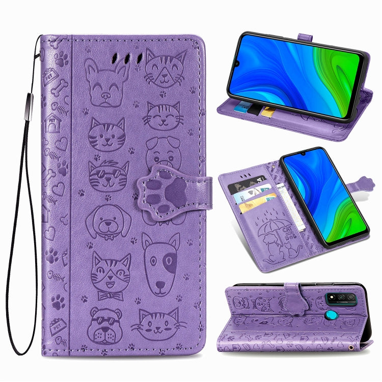 Purple cat and dog embossed wallet phone case with flip cover, card slots, and lanyard.