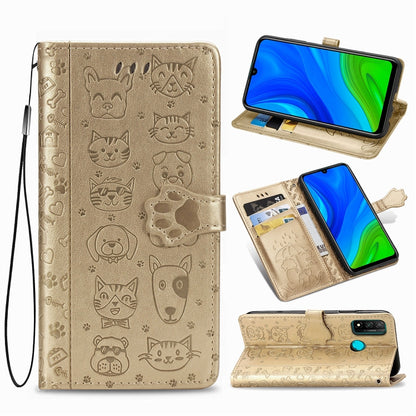 Beige cat and dog embossed wallet phone case with flip cover, card slots, and lanyard.