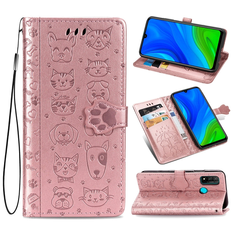 Pink cat and dog embossed wallet phone case with flip cover, card slots, and lanyard.