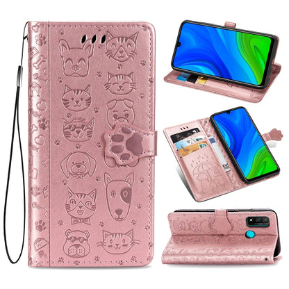 Pink cat and dog embossed wallet phone case with flip cover, card slots, and lanyard.
