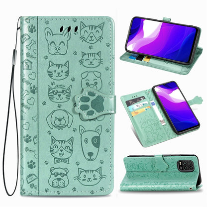 Mint green cat and dog patterned folio case with flip cover, card slots, and lanyard