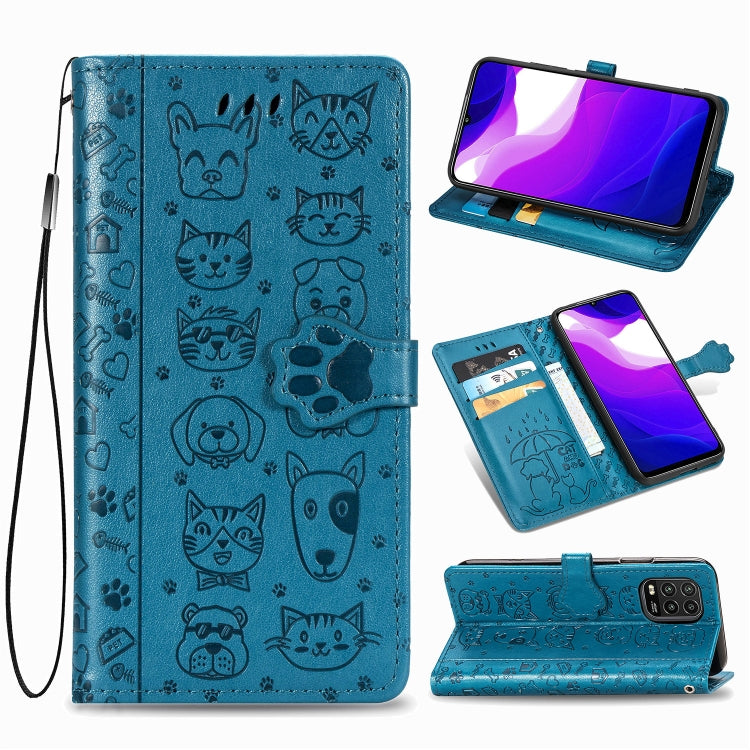 Blue embossed cat and dog flip leather phone wallet with card slots and side strap