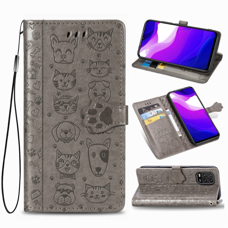 Grey embossed cat and dog flip leather phone wallet with card slots and side strap