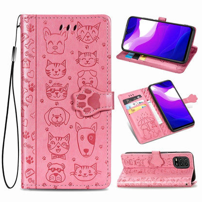 Pink embossed cat and dog flip leather phone wallet with card slots and side strap