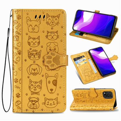 Gold cat and dog embossed wallet phone case with flip cover, card holder, and lanyard.
