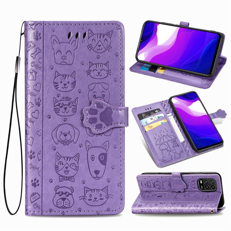 Purple cat and dog embossed wallet phone case with flip cover, card holder, and wrist strap.
