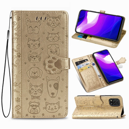 Beige cat and dog embossed wallet phone case with flip cover, card holder, and wrist strap.